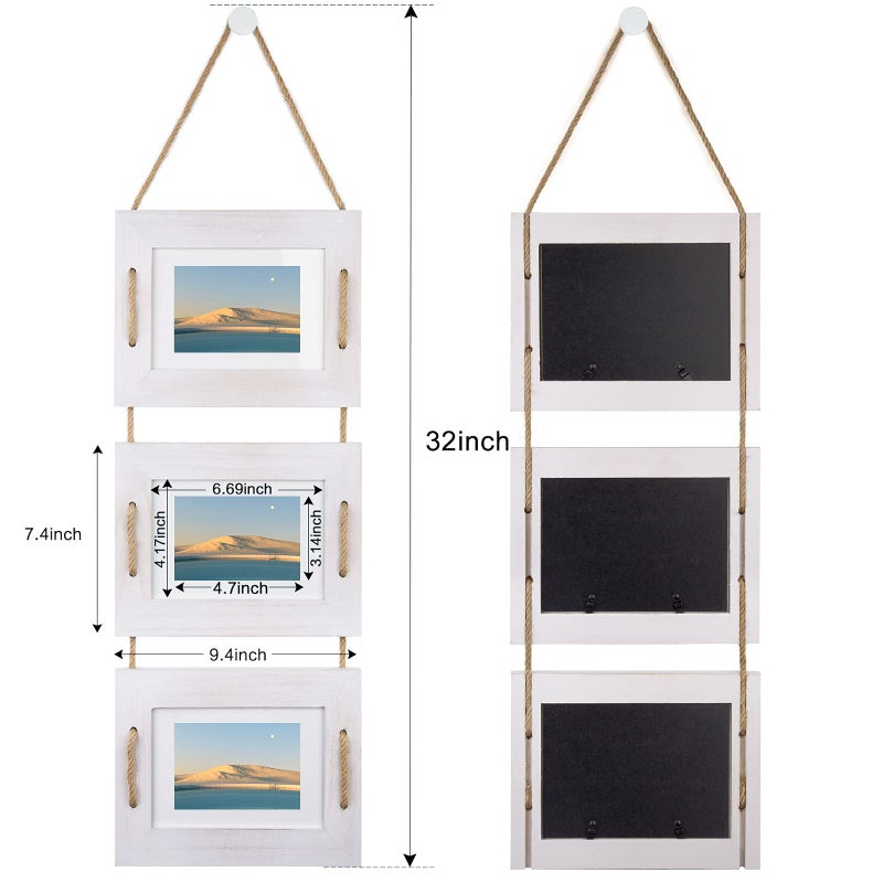 DLQuarts 5x7 Hanging Picture Frames Collage Wall Decor, 3-Frame Set, 3.5x5 with Mat or 5x7 Without Mat, Rustic Solid Wood Photo Frame Pack of 2 Vintage White - Image 5